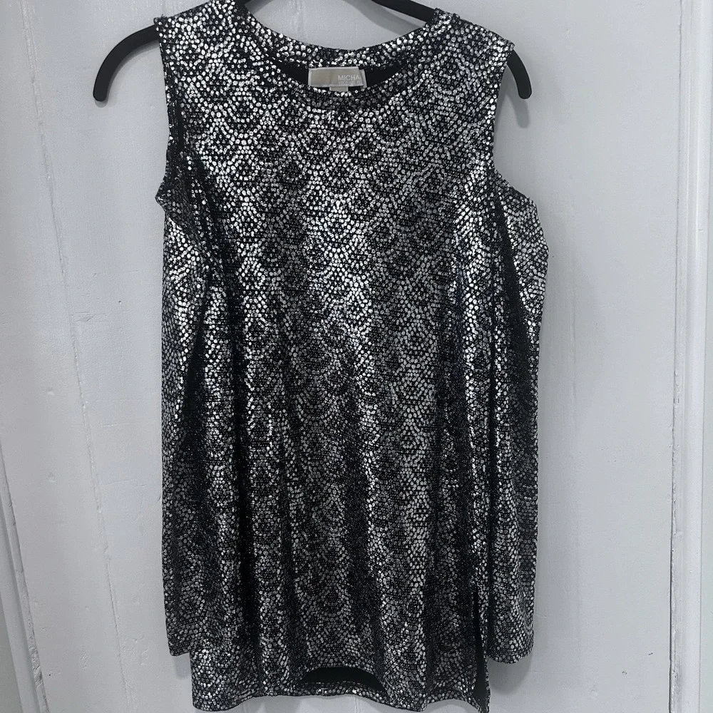 Michael Kors Cold Shoulder Black Silver Metallic Textured Scalloped Blouse M